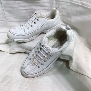 Skechers slip on walking shoes, size 6, silver false shoestring holes,